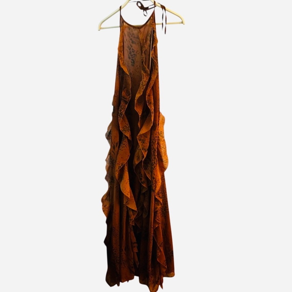 HAUTE Chocolate Brown Ruffled Halter maxi dress Flowy feminine  Semi sheer  sz 2 - Picture 4 of 10